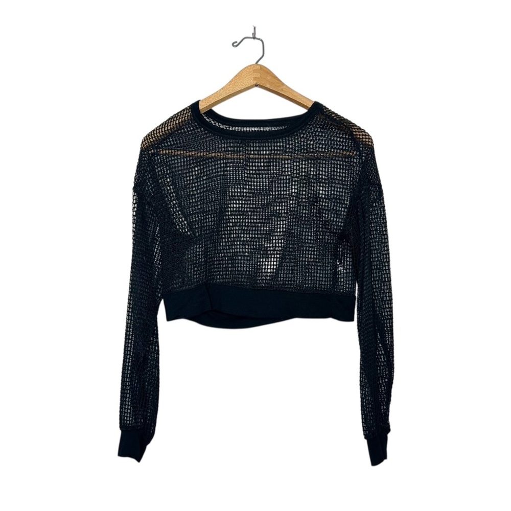 Womens or Unisex Sheer Cutout Mesh Long Sleeve Crop Top Black Medium‎ M